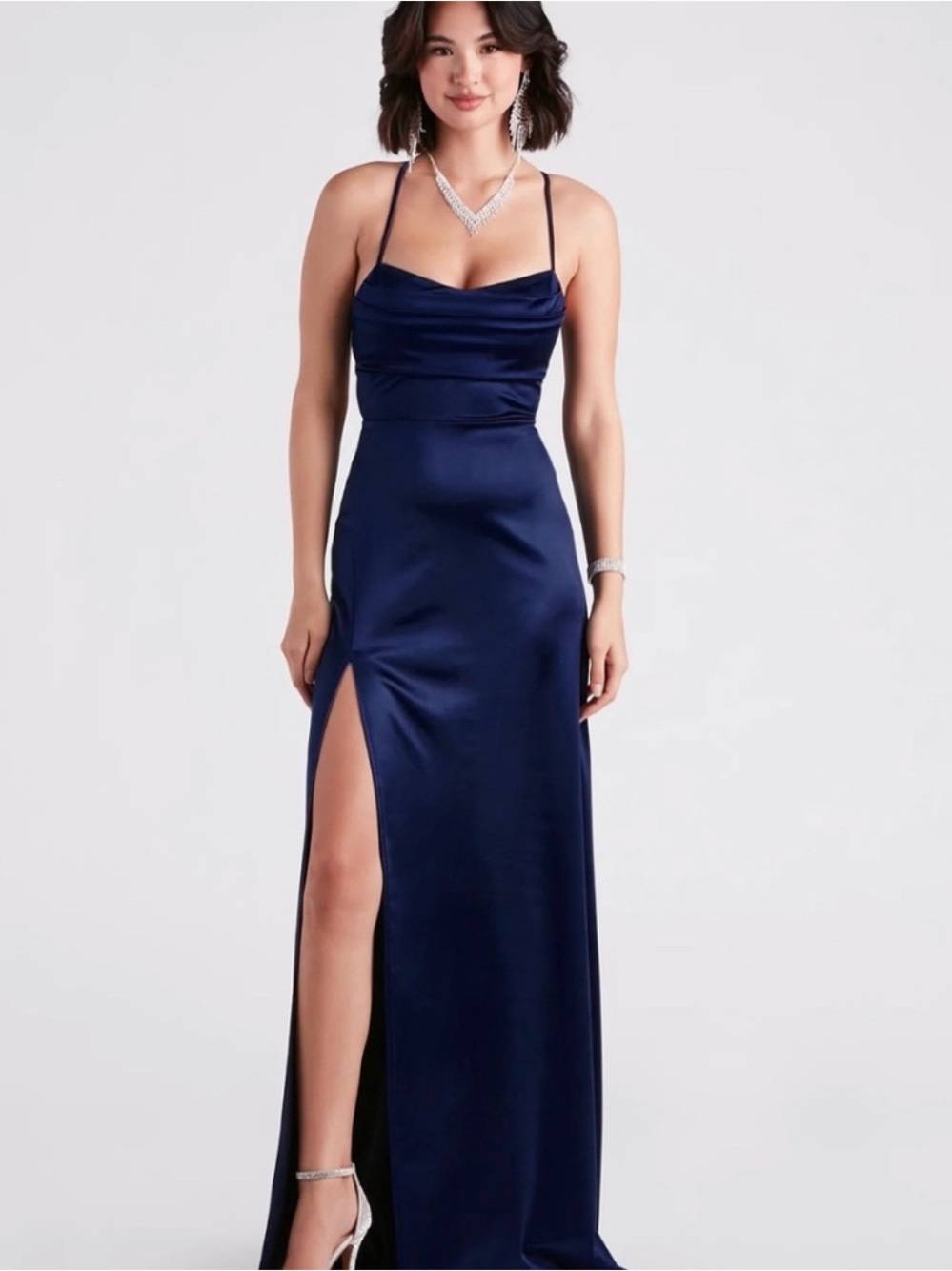 NWT Windsor Sutton Navy Silky Satin Cowl Neck Draped Formal Cocktail Gown